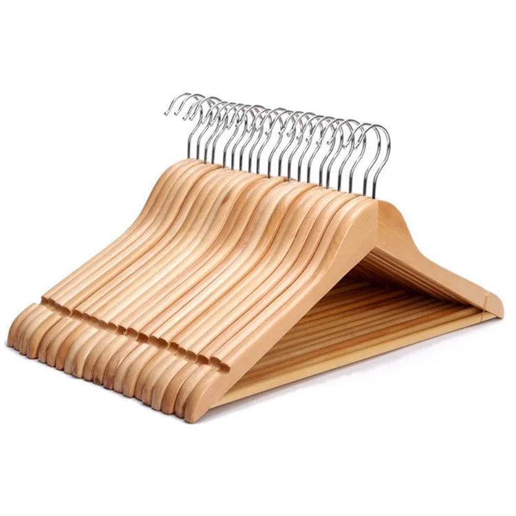 Solid Wood Coat Hanger Clothes Racks Hanger for Clothes Natural Colors 20 Pcs with Grooves and 360 Degree Chrome Plated Hooks