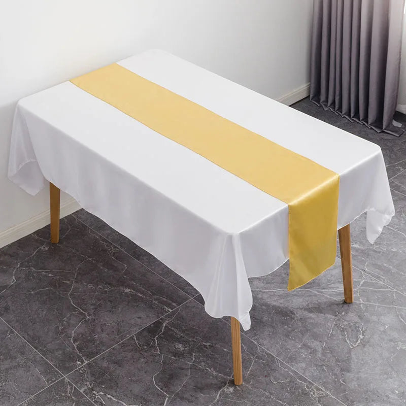 China Wholesale Woven Solid Color Waterproof Hotel Wedding Gold Satin Christmas Festive Table Runner Yellow Satin Customized