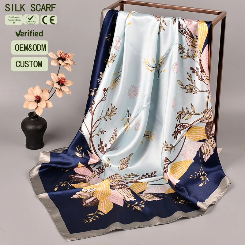 New Style Large 90*90 Polyester Silk Satin Scarf for Women Custom Printed Muslim Shawl Hijab Winter Wholesale Other Scarves