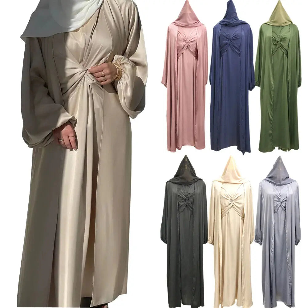 Loriya 2 Pieces Set Muslim Women Open Abaya Dress Set Islamic Clothing Kimono Cardigan Fashion Outfit Abaya Set