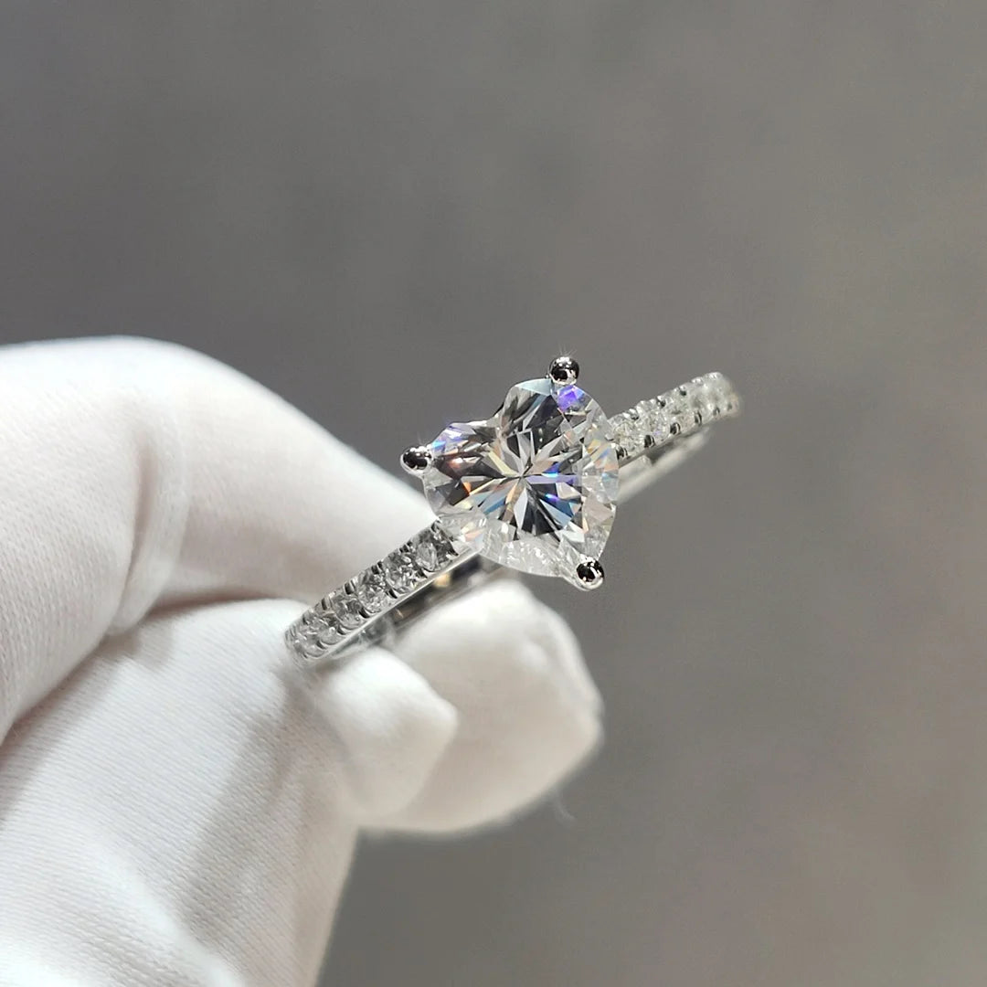 Silver 925 Original Diamond Test Past Excellent Cut 1 Carat Sparkling D Color Heart Moissanite Ring Gemstone Wedding Jewelry