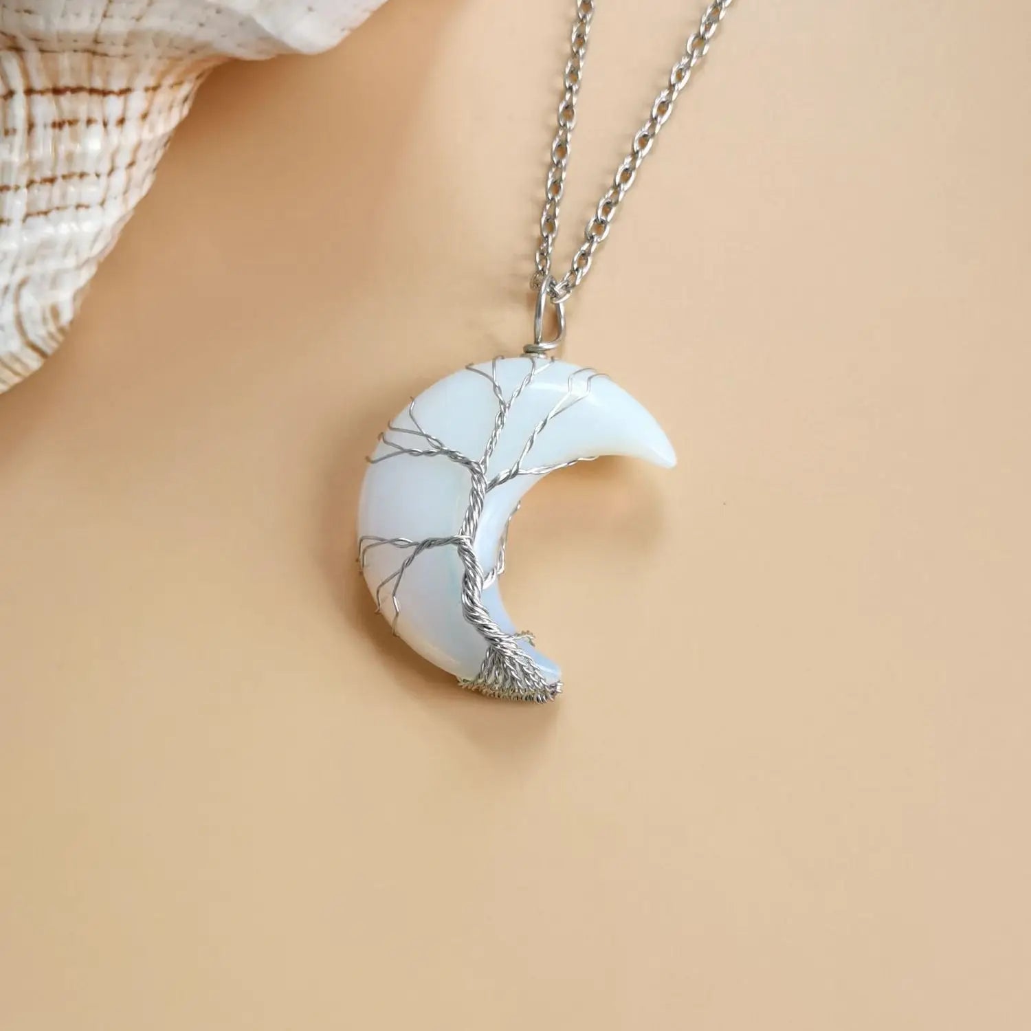 Women's Trendy Statement Necklace Handmade Silver Copper Wire Natural Crystal Stone Tree Life Moon Pendant Unique Jewelry Design