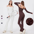 SHINBENE Wide Leg Full Length Romper Playsuit Long Sleeve Bell Bottom Bodycon Stretch Jumpsuit