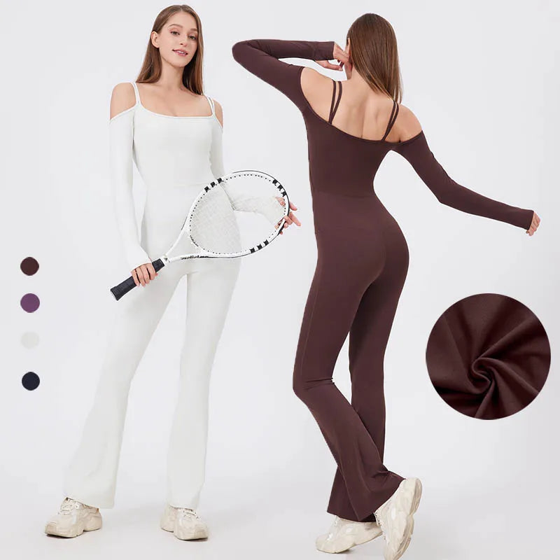 SHINBENE Wide Leg Full Length Romper Playsuit Long Sleeve Bell Bottom Bodycon Stretch Jumpsuit