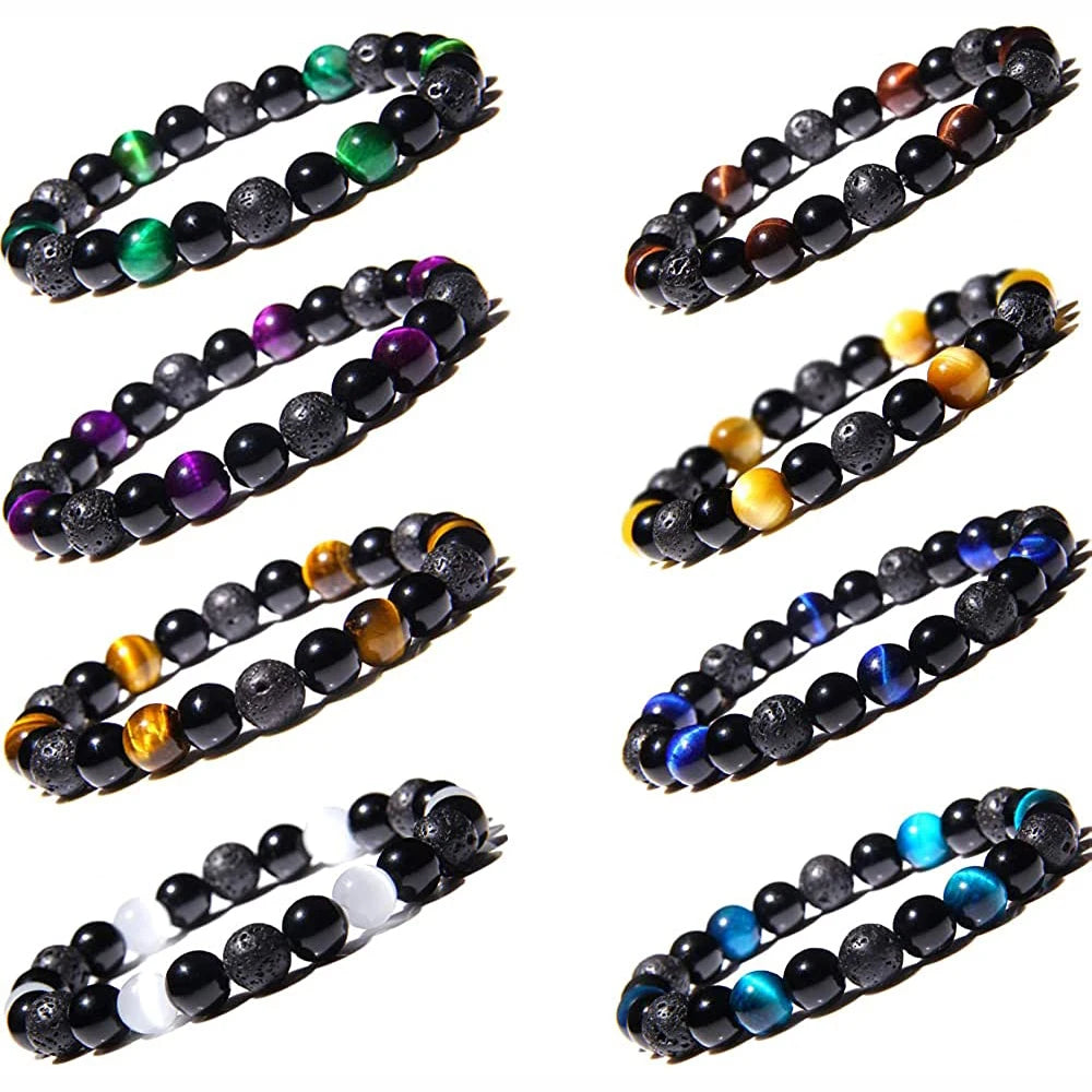 Triple Protection Bracelet for Men Women Black Onyx Tiger's Eye Rock Lave Stone Ease Fear Release Anxiety Bring Luck Success