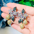 Unique Elegant Design Art Deco Cluster Flower Leaf Long Dangling Drop White Green Cubic Zirconia Earrings for Women Prom Party