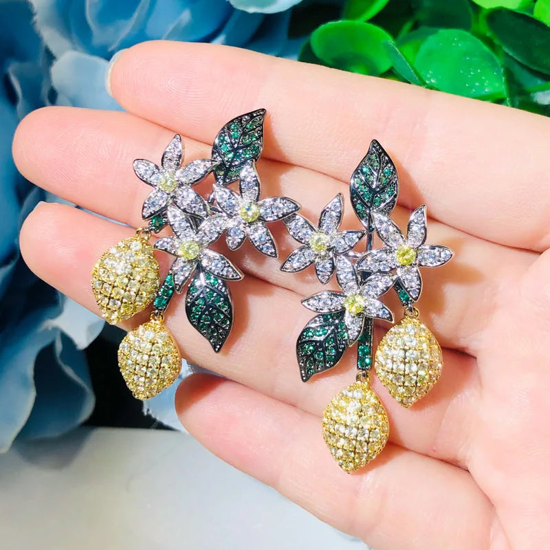 Unique Elegant Design Art Deco Cluster Flower Leaf Long Dangling Drop White Green Cubic Zirconia Earrings for Women Prom Party