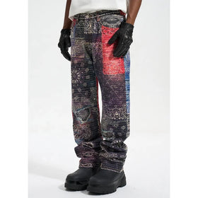 Custom Label Drop Ship Stock Street Wear Stock Men Printing Blue Stacked Flared Denim Jeans