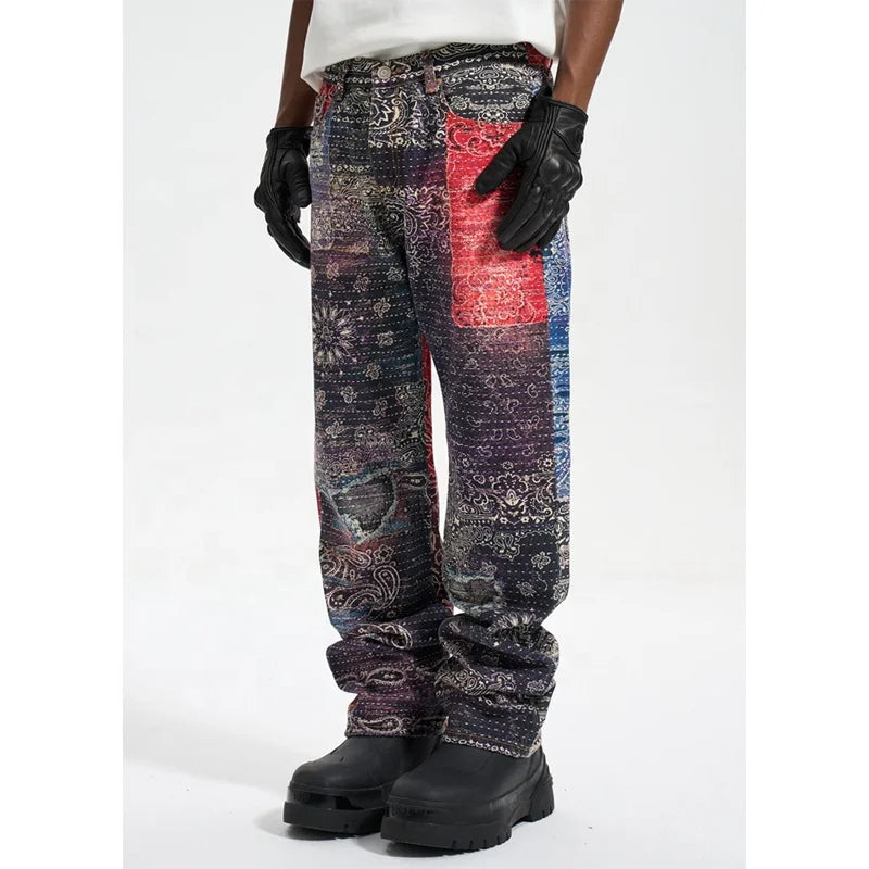 Custom Label Drop Ship Stock Street Wear Stock Men Printing Blue Stacked Flared Denim Jeans