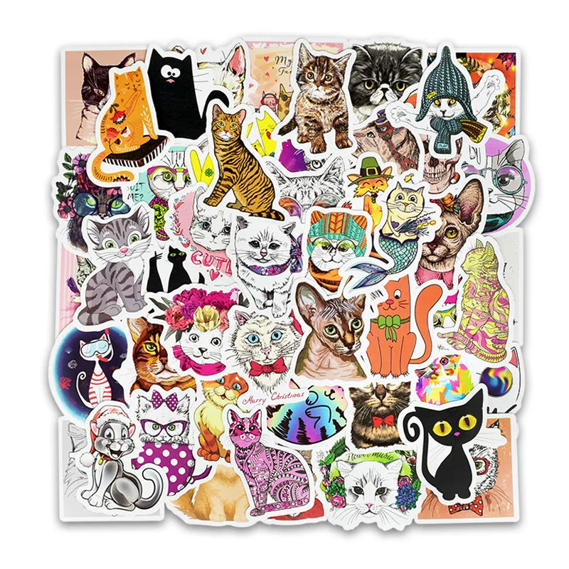 50Pcs Cartoon Cat Funny Graffiti Stickers for Kid Wall Notebook Car Decor Waterproof PVC Kitty Sticker