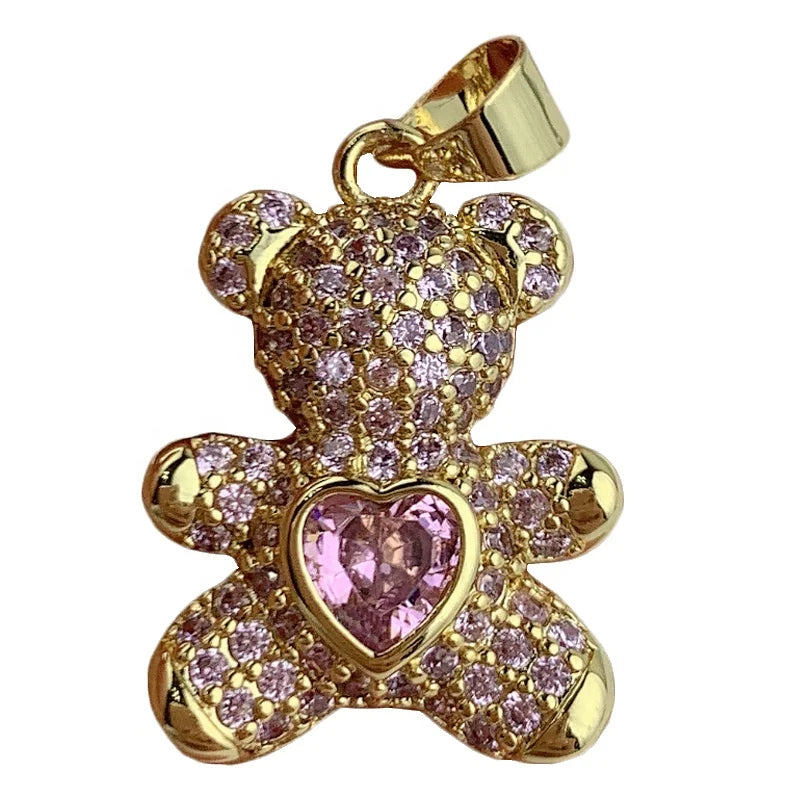 Wholesale Metal Crystal Zircon Cute Bear Charms Pendants Women Jewelry Making Necklace Accessories