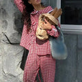Enyami Women Fashion Cotton Loose Pajama Sleepwear Sleepwear Red Plaid Long Sleeve Loungewear Trouser Pants 2 Pieces Set