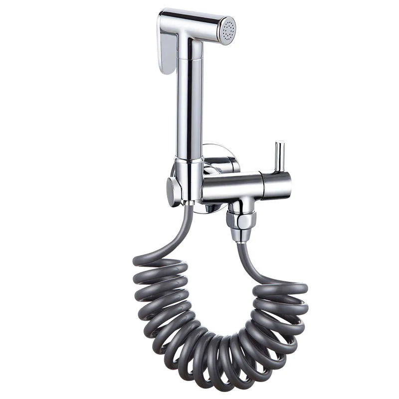 Brass Chrome Plated Modern Eco-Friendly Women's Bidet Shower Nozzle Set with Built-in Socket Angle Valve TPU Spring Hose