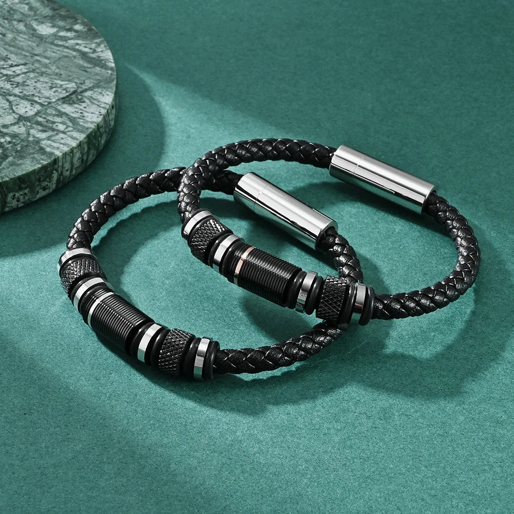 AS-001 Boutique Men's Fashion Stainless Steel Accessories Genuine Leather Bracelets Transfer Spiritual Beads Bracelet