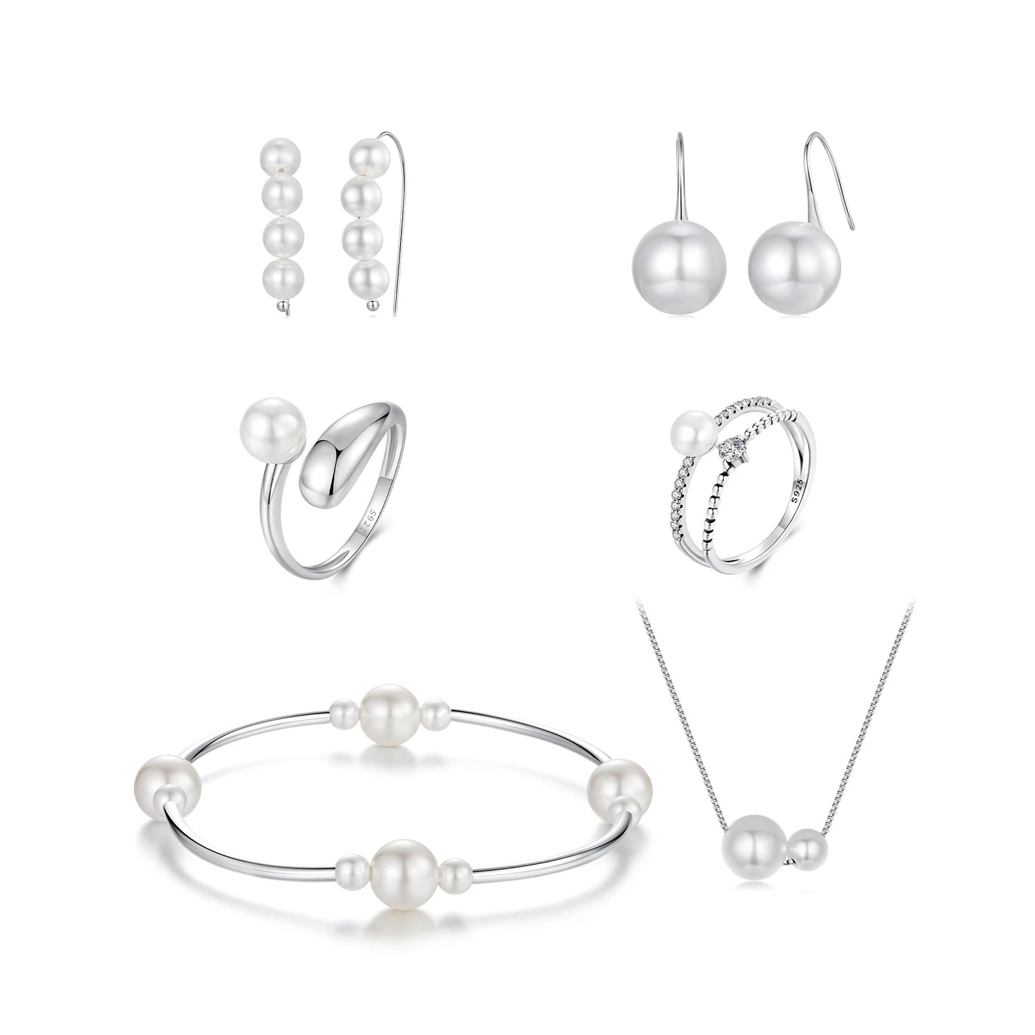 New Trend Elegant 925 Sterling Silver Beaded Platinum Plated Necklace Earrings Ring Jewelry Set Silver Jewelry Set