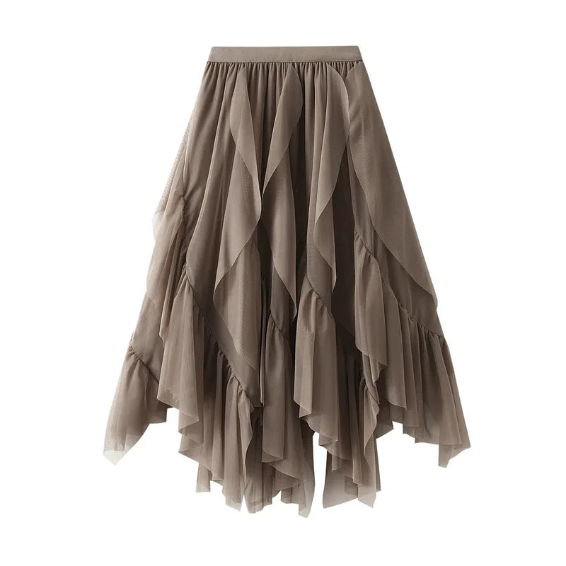 Ladies Summer Party Design Elastic High Waist Casual Irregular A-Line Big Hem Plain Color Ruffled Chiffon Skirt