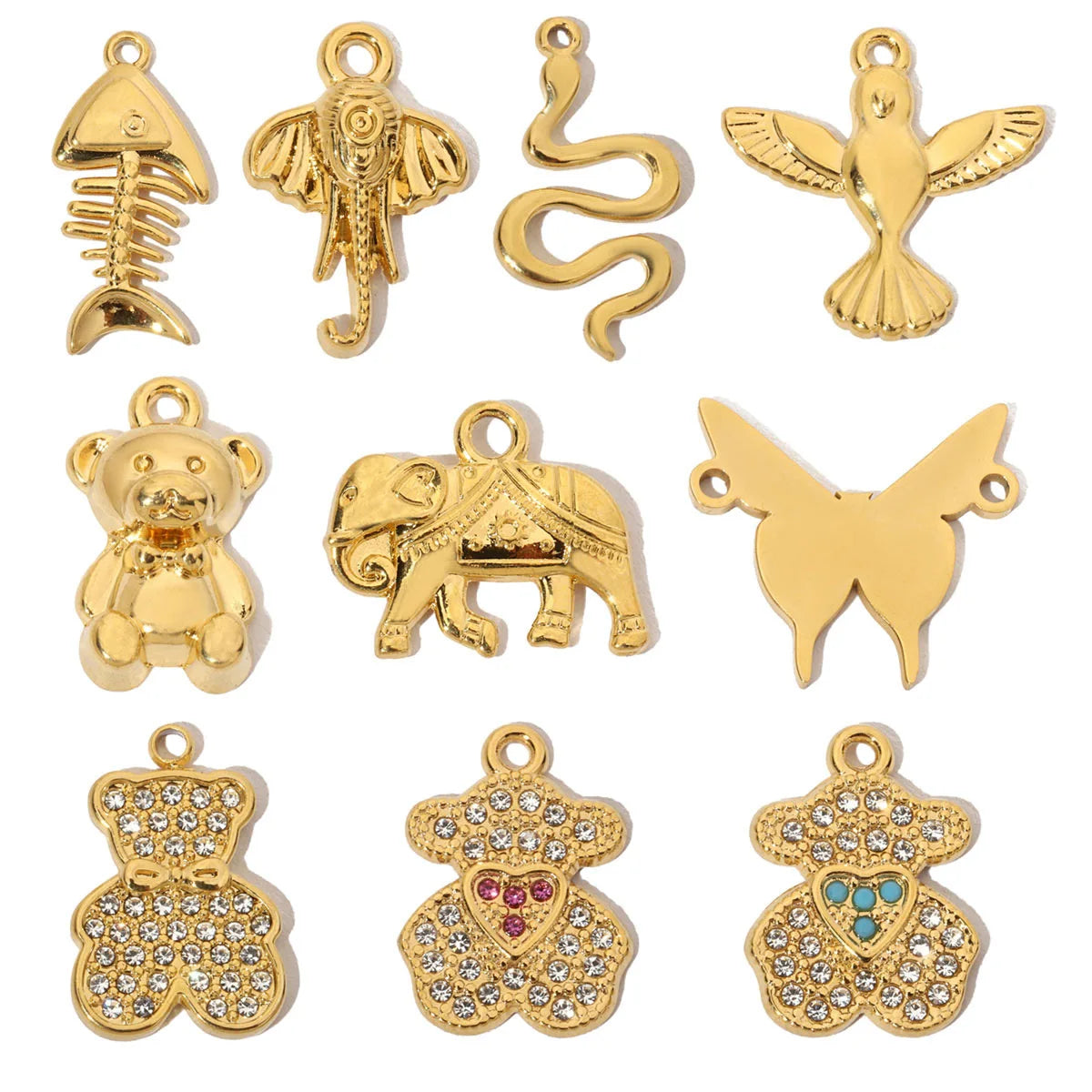 Beimai Diy Women Tarnish Free Jewelry Bear Fishbone Elephant Snake butterfly 18k Gold Charms for Necklace Bracelet