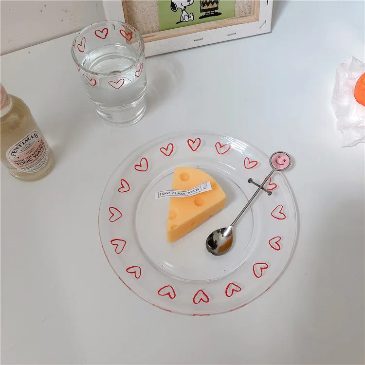 Korean INS Style Graffiti Heart Glass Plate Cute Girl Dessert  Plate Fruit Salad Plate
