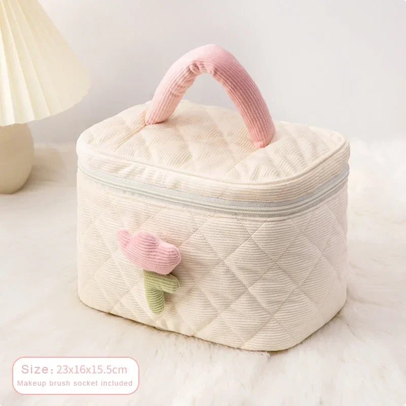 Fashion Women's Flowers Pouch Large Capacity Travel Cosmetic Bag Corduroy Zipper Bags Portable Storage Make up Organizer