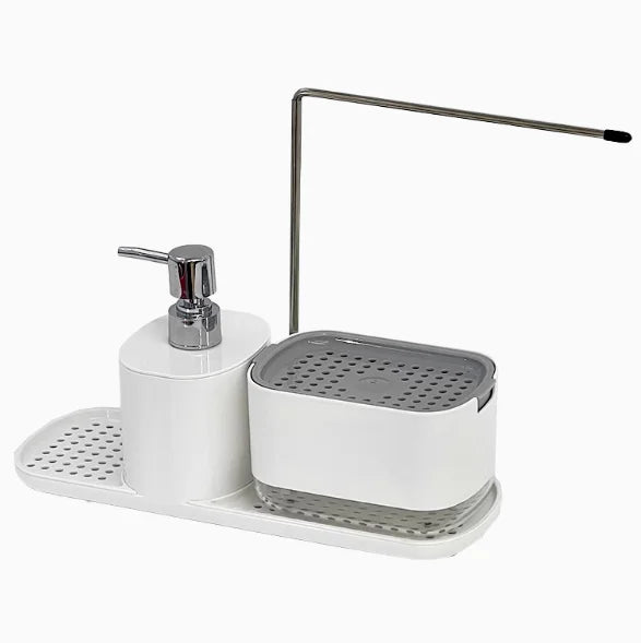 2024 Latest Product White Plastic Liquid Soap Dispenser Hot Kitchen Dishes Washing Sponge Holder with Extra Organizer