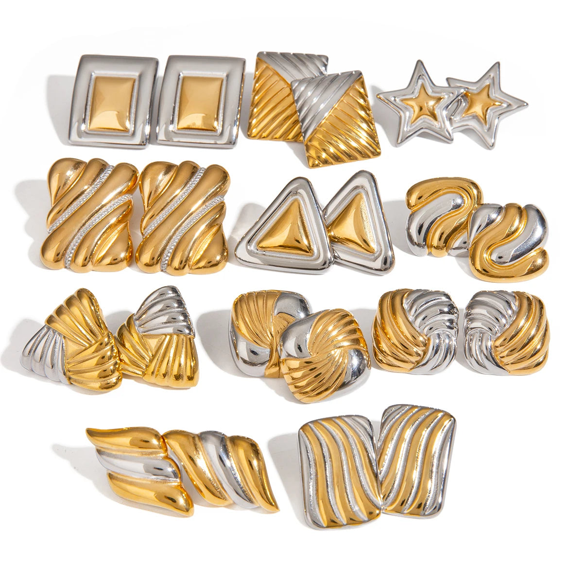 J&D 18K Gold Plated Stainless Steel Hammered Geometric Earrings Set Mixed Color Fashion Jewelry