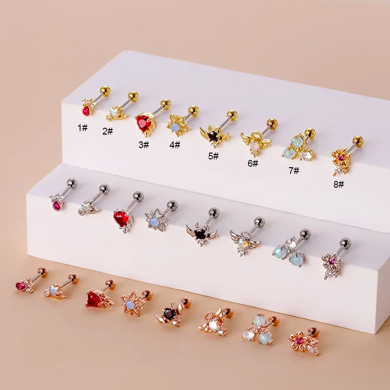 Latest Fashion Thin Gold Plated Stainless Steel Pierced Earrings Colorful CZ Love Cartilage Stud Earrings