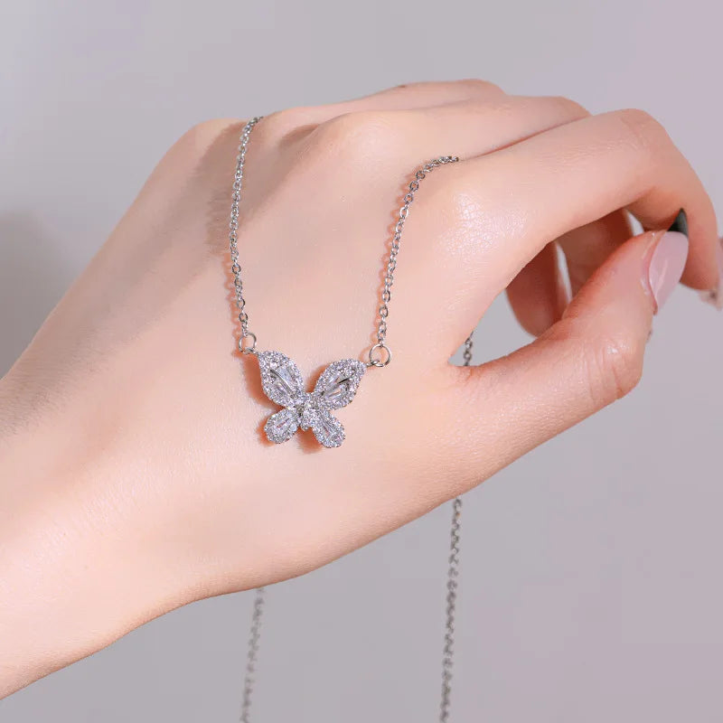 SC 2025 Exquisite Shiny Zircon Butterfly Pendant Necklace Stainless Steel Zircon Necklace Gifts for Women
