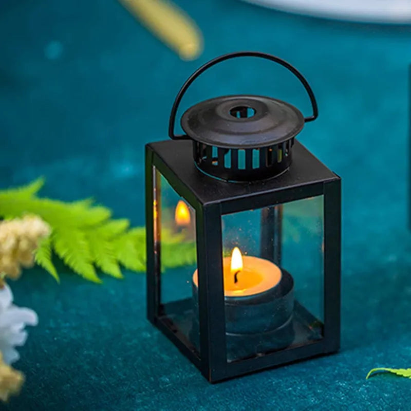 Simple Small Lantern Creative Portable Glass Iron Candlestick Retro Metal Candlestick Home Decorations
