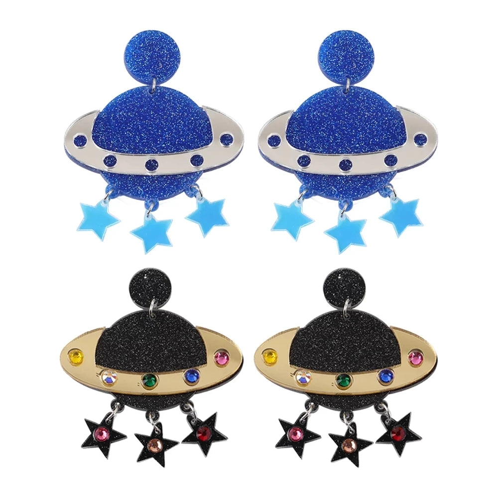 3D Cartoon Funny Universe Glitter Spot Inlay Colorful Crystal Black Sky Resin Dangle Earrings UFO Acrylic Earrings