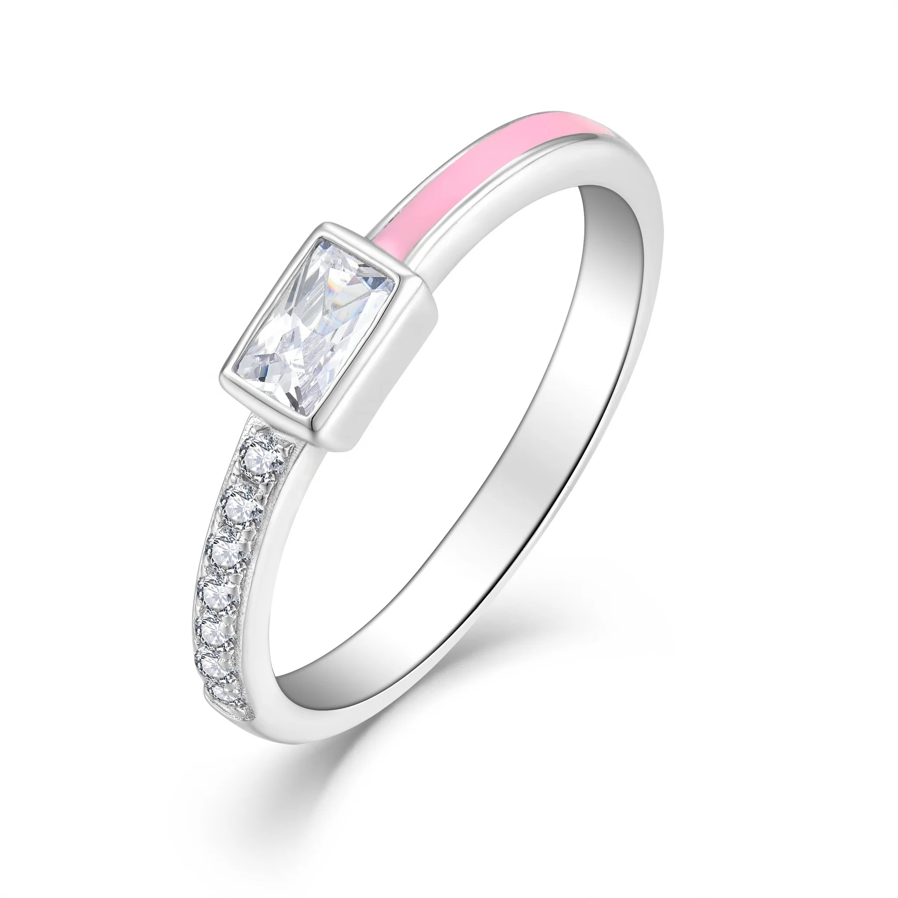 YILUN Pink Enamel Ring Rhodium Plating Rectangular Cubic Zirconia Engagement Ring 925 Sterling Silver for Women