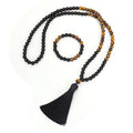 8mm Tiger Eye Black Agate Rosary Necklace and Bracelet Set for Men Natural Stone Prayer Beads Crown Shaped Gift Jewelry