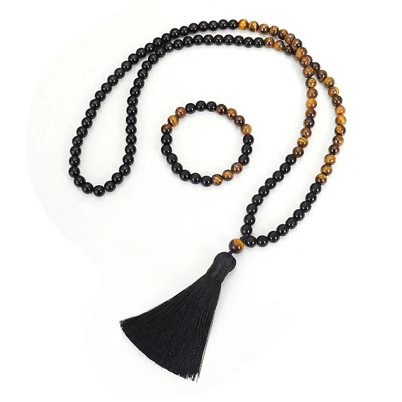 8mm Tiger Eye Black Agate Rosary Necklace and Bracelet Set for Men Natural Stone Prayer Beads Crown Shaped Gift Jewelry