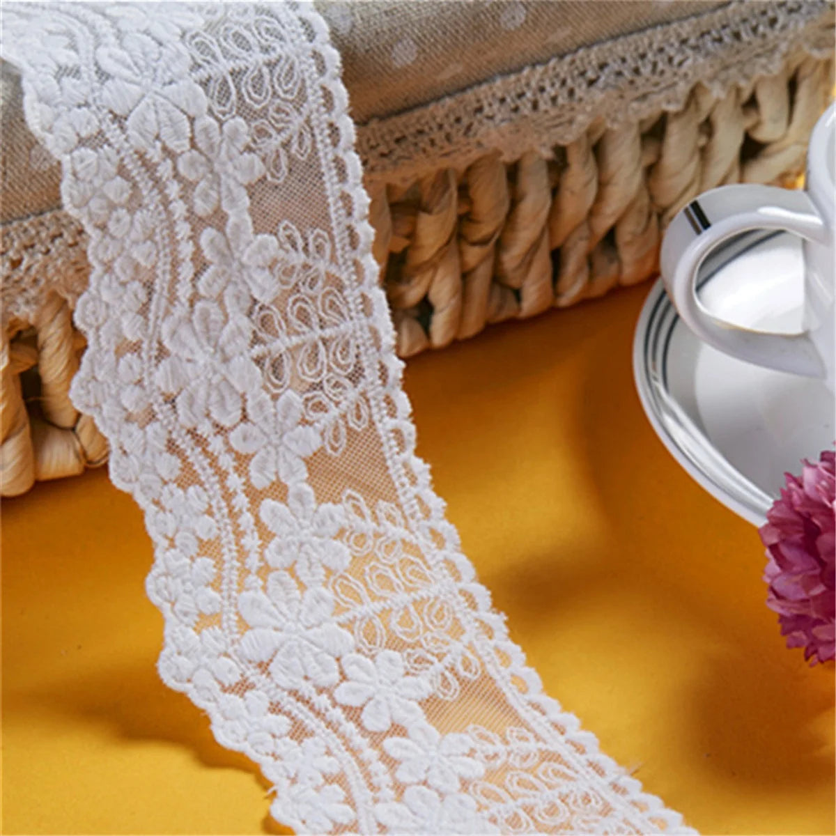 1 Yard White Floral Mesh Yarn Lace Trim Embroidered Ribbon Fabric DIY Wedding Dress Sewing Craft