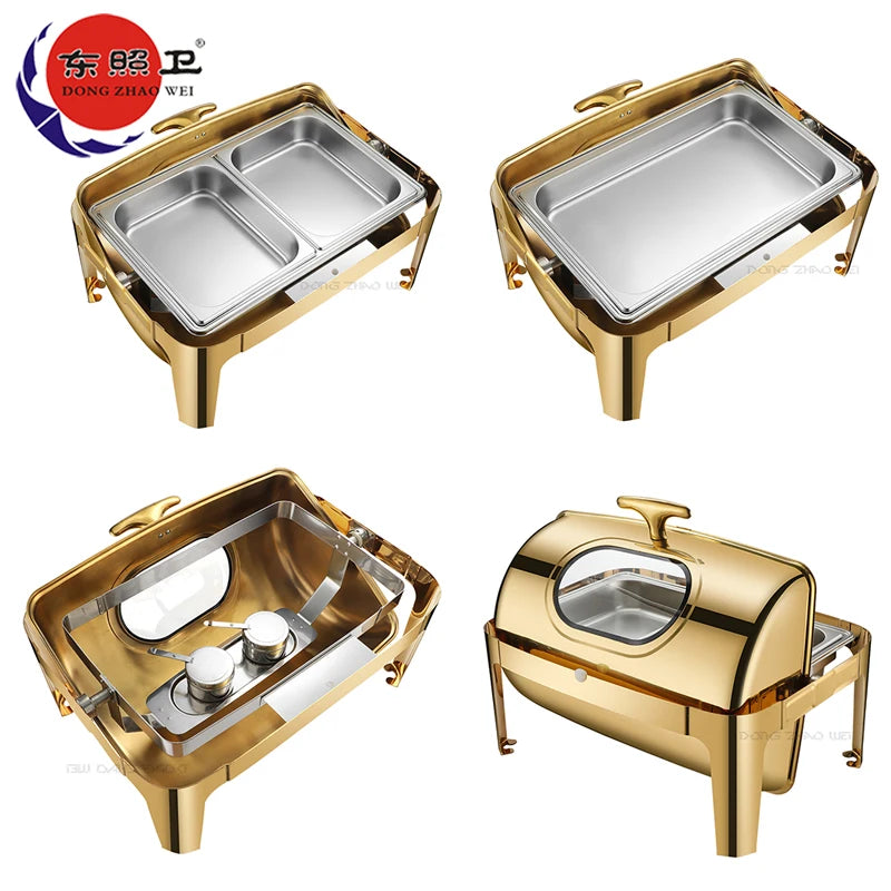 Hot Selling 9.0L Chafing Dish Buffet Set Luxury Commercial Catering Restaurant Golden Roll Top Chafing Dishes Food Warmer Set