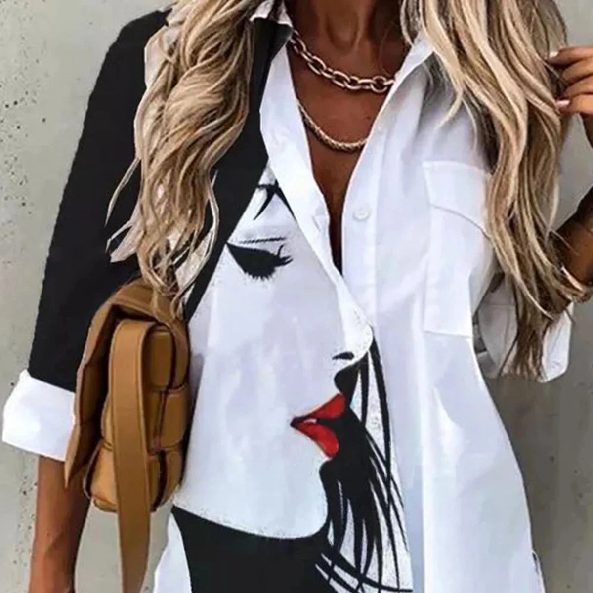S-XXL commuter Long-sleeved Slim commuter Printed Single-breasted Cardigan Lapel Blouse