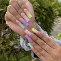 Temooi Press False Nails Full Cover Design Rainbow Colorful Long Coffin Shape 24Pcs ABS Finger Nails Nail Glue Wholesale Custom
