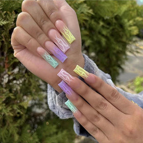 Temooi Press False Nails Full Cover Design Rainbow Colorful Long Coffin Shape 24Pcs ABS Finger Nails Nail Glue Wholesale Custom