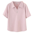 Women's Korean Logo Slimming Short-Sleeve V-Neck Two-Button T-Shirt with Knitted Fabric Breathable Loose Fit for Spring