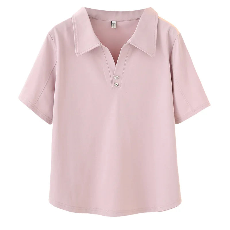 Women's Korean Logo Slimming Short-Sleeve V-Neck Two-Button T-Shirt with Knitted Fabric Breathable Loose Fit for Spring