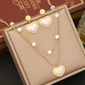 New Trendy Non Tarnish Stainless Steel 18k Gold Plated Double Layer Pearl Heart Necklace Earrings Bracelet Jewelry Set for Women