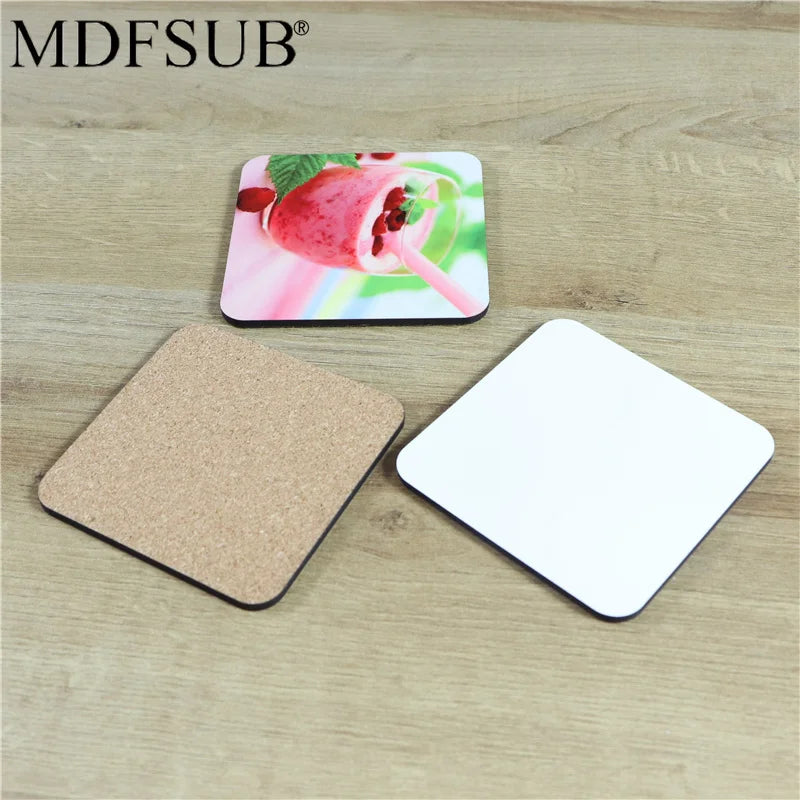 MDFSUB hot selling 4mm thick sublimation mdf coaster square100x100m glossy white blank sublimation MDF coasters with cork back