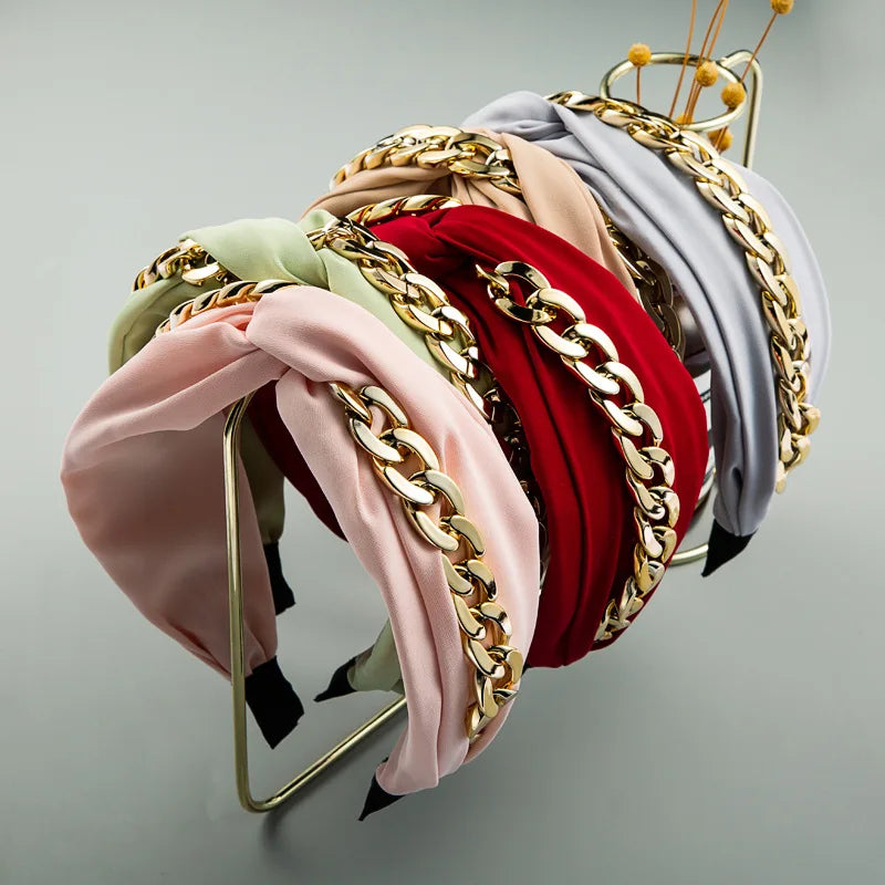 HOVANCI Fashion Lady Crystal Knotted Turban Gold Chain Headband Head Wraps Bands Fabric Hair Band for Hair Accessories Headwear