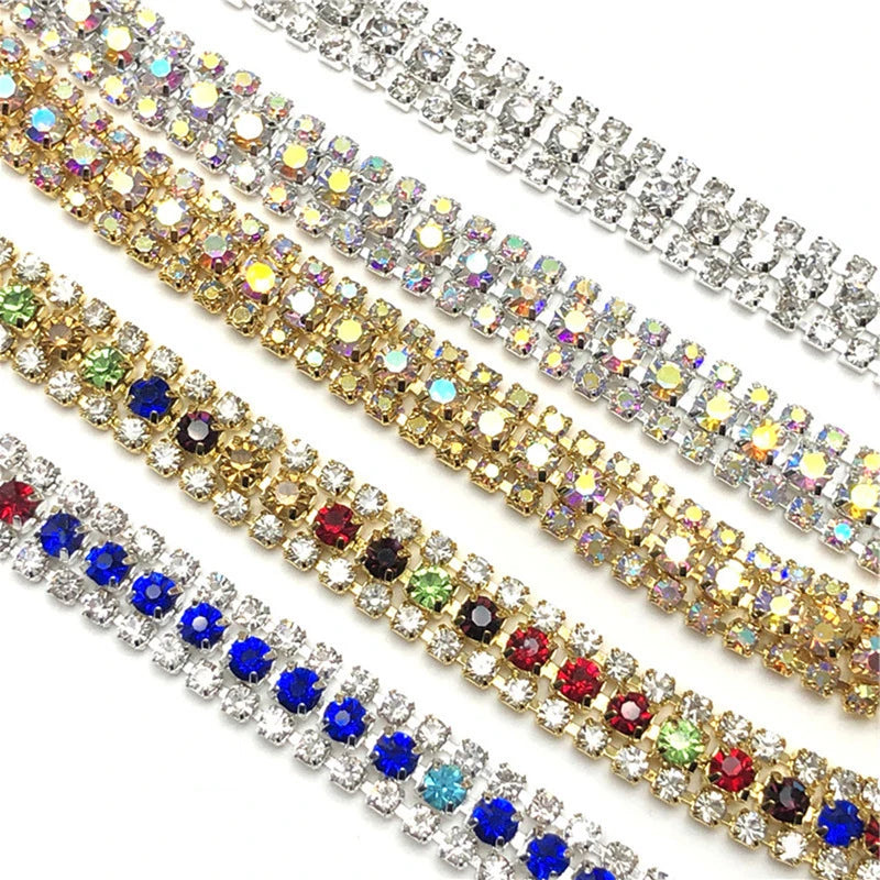 Factory Direct Sale High Grade Custom Size Colors Metal Chain Rhinestone 3-Row Claw Cup Chain Dress Shoes Hat Decorative DIY