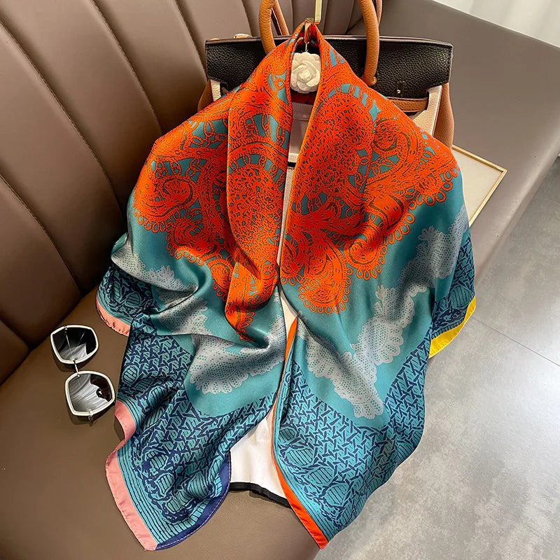 European and American Style Classic Blue Orange Large 110 Imitation Silk Scarf Large square Scarf With Shawl Scarf for Women