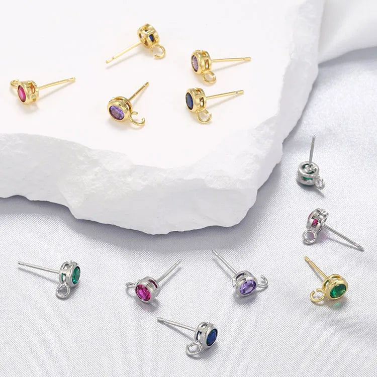 EC1918 Earring Findings Accessories Mini Tiny Gold CZ Dot Post Stud Earring Post with Connector Open Ring Loop