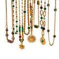 J&D Jewelry Stainless Steel Rope Chain Colorful Turquoise Stone Sun Charm Green Zircon Bead Necklace
