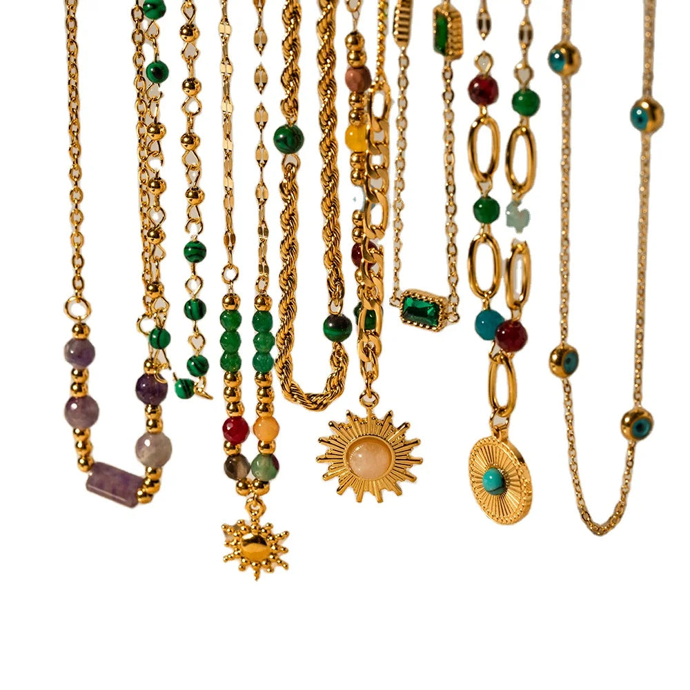 J&D Jewelry Stainless Steel Rope Chain Colorful Turquoise Stone Sun Charm Green Zircon Bead Necklace
