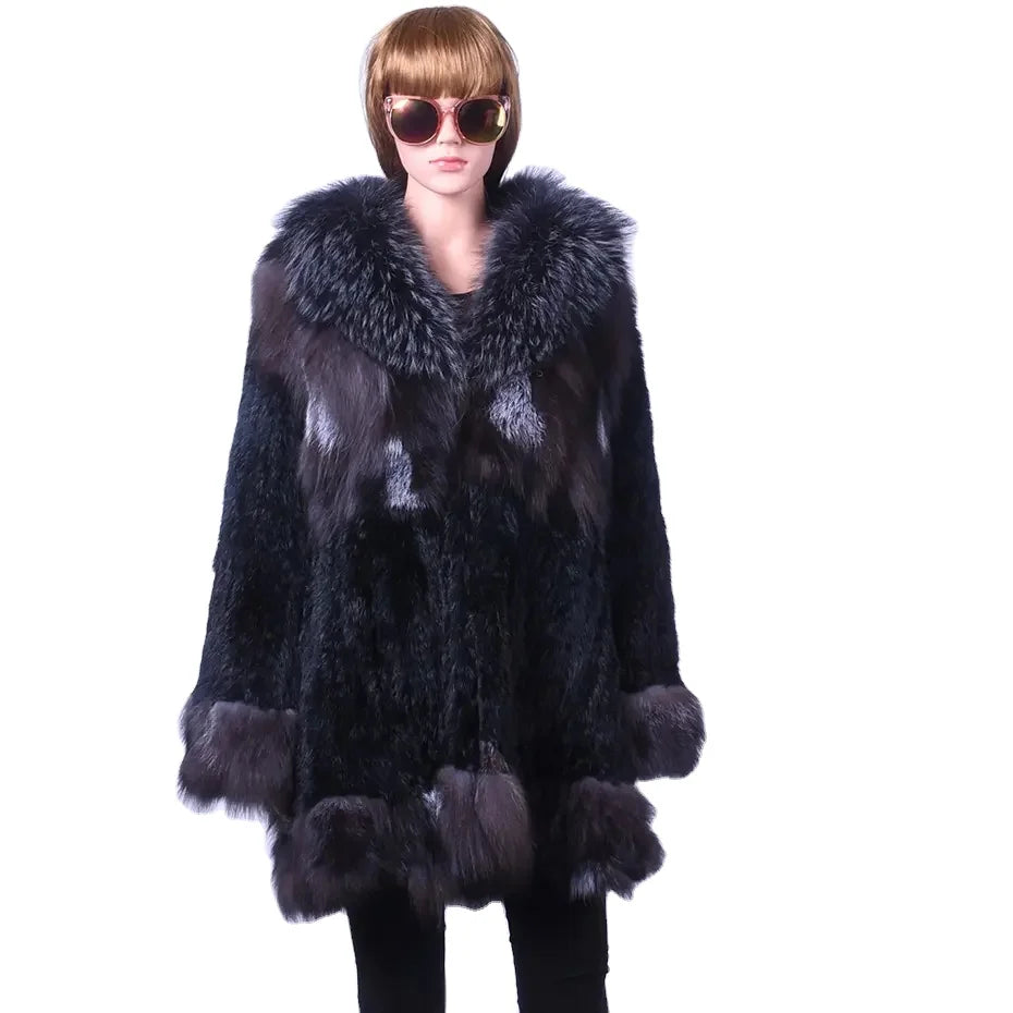 MWFur Winter Luxury Warm Fox for Women Winter Overcoats Women Plus Size Fashion Poncho Rabbit Fox Fur Collar Knit Coat