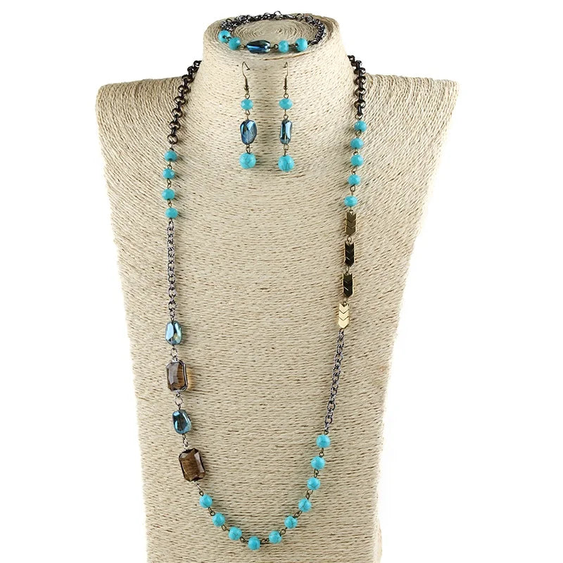 Fashion Jewelry Set Beaded Rosary Chain Stone and Crystal Glass Arrow Hematite Necklace Bracelet Earring Set