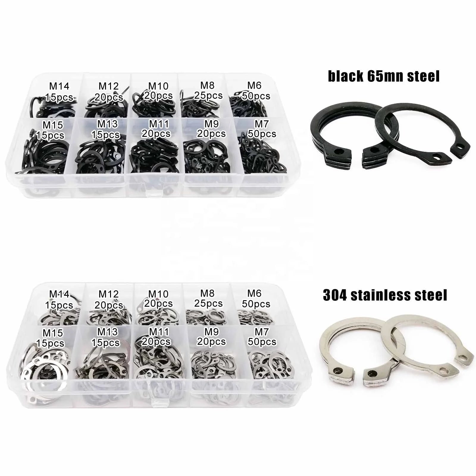 250pc/box Assortment Kit Set M6 to M15 Stainless Steel Black 65mn Shaft Bearing Retaining Clip Snap Ring C Type External Circlip